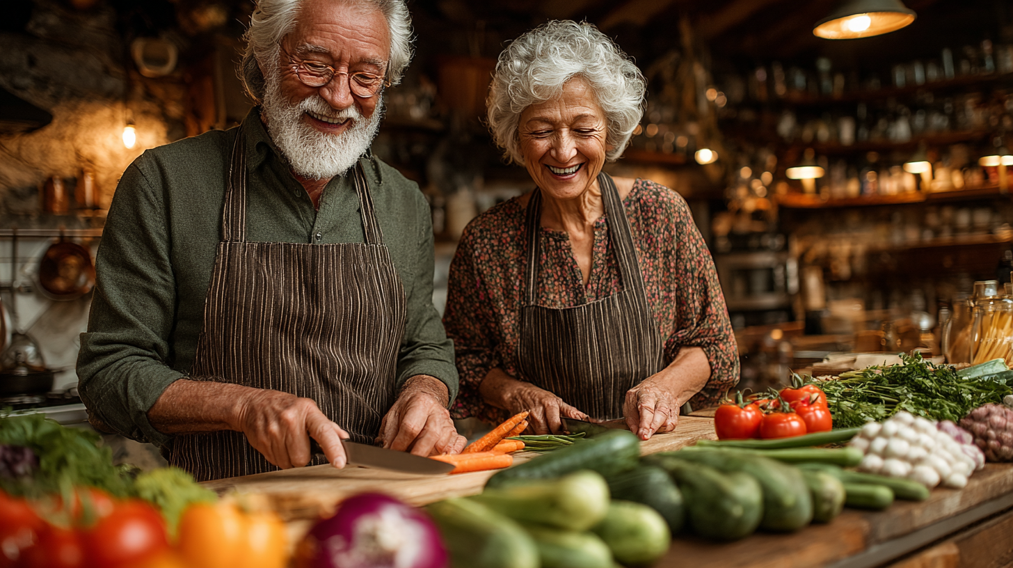 Щаслива пара старшого віку готує здорову їжу разом